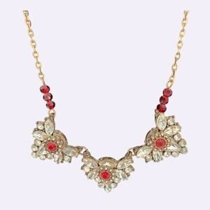 Vintage Style Statement Necklace Gold Tone Red Clear Rhinestone Floral Bib Jewel